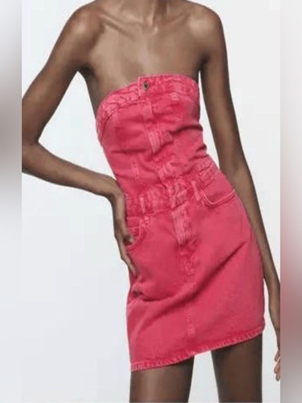 Zara x Barbie Collection Denim Mini Dress Strapless Hot Pink sz XL